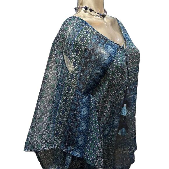 Women’s Rod Beattie Peasant Blue Sheer Boho Caftan Top Size Medium 8 10 - Picture 7 of 11